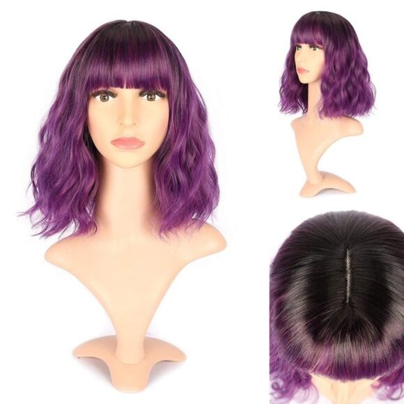 Ombre Purple Wavy Wigs With Air Bangs - Picture 1 of 2